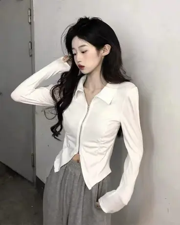 早秋POLO领小众显瘦设计感辣妹拉链长袖T恤上衣外穿内搭打底衫潮商品大图