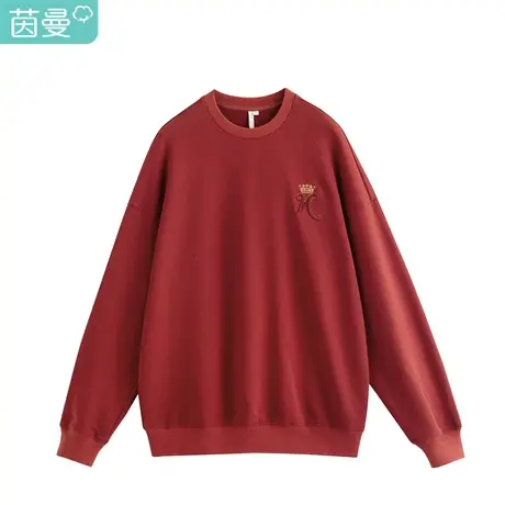 【商场同款】茵曼休闲女2023春季潮圆领套头宽松绣花落肩全棉卫衣图片
