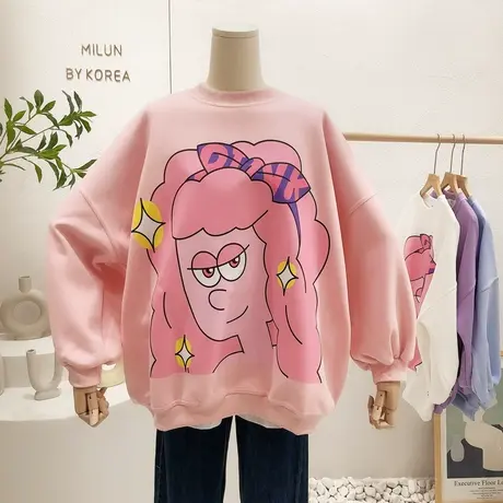 2022春季新款上衣韩国东大门ins搞怪卡通印花宽松大版卫衣慵懒女商品大图