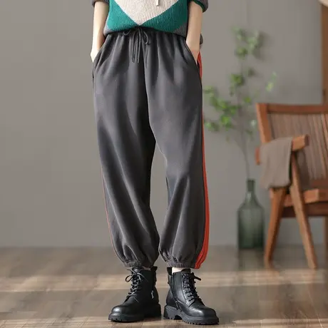 dza 高腰显瘦外穿加绒裤子女士冬季卫裤宽松阔腿裤运动复古哈伦裤图片