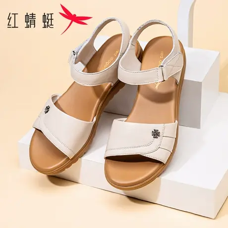 红蜻蜓女鞋夏季真皮防滑软底魔术贴休闲凉鞋舒适平底中老年妈妈鞋商品大图