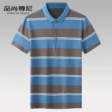 男士短袖夏季纯棉翻领t恤时尚撞色宽条纹休闲polo衫中老年爸爸装商品大图