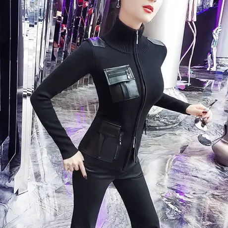 VJE秋冬黑色针织外套女新款设计感小众气质修身多口袋上衣图片