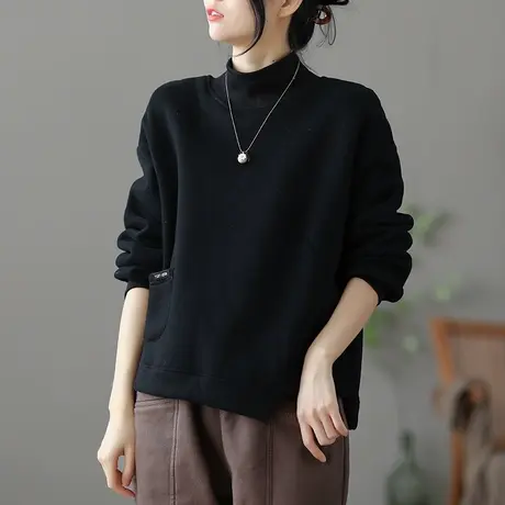 dza 文艺复古半高领宽松休闲加绒卫衣女士冬季新短款百搭套头上衣商品大图