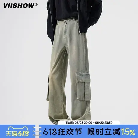 VIISHOW美式复古工装牛仔裤男春季潮牌休闲阔腿裤痞帅做旧拖地裤商品大图