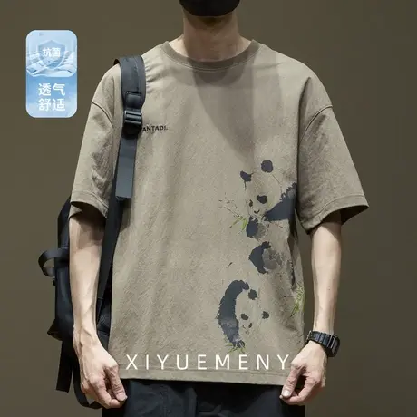 薄款国潮亚麻短袖T恤男印花2025夏季新款加肥加大五分袖休闲体恤商品大图
