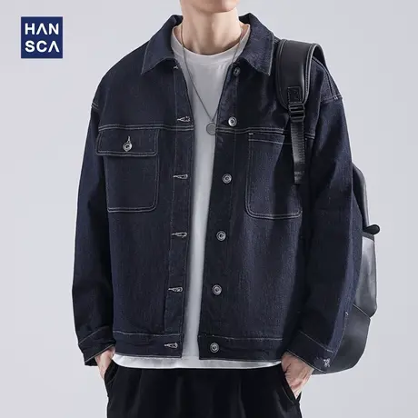 hansca复古牛仔外套男2024秋冬新款潮牌水洗宽松翻领百搭工装夹克图片