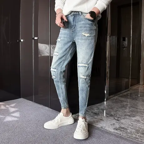 2023秋冬新款做旧破洞小脚裤男潮修身百搭显瘦铅笔裤浅蓝长裤子商品大图