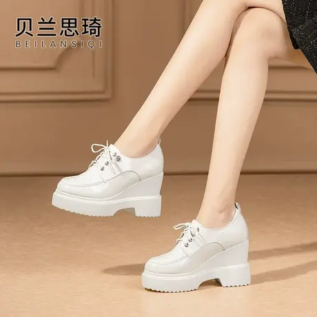 真皮圆头舒适厚底系带坡跟单鞋女2025春秋季乐福鞋防水台高跟鞋图片