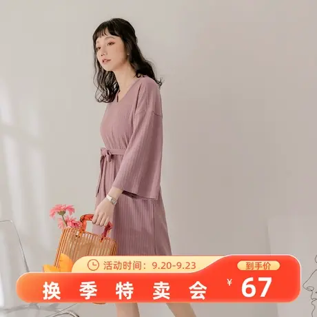 桔熊春秋季气质坑条收腰绑带开衩V领喇叭袖连衣裙子女大码DA8328图片