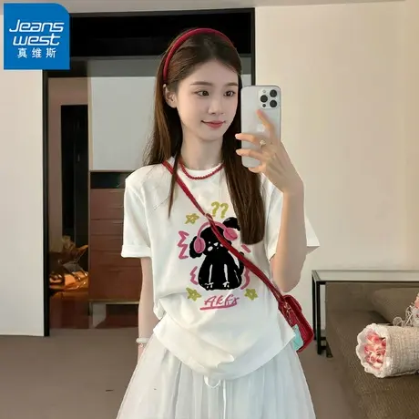 NR真维斯白色短袖t恤女2025夏季新款宽松可爱百搭纯棉圆领上衣潮商品大图
