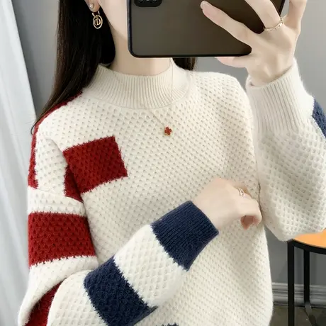 设计感半高领毛衣女秋冬加厚2023新款套头洋气内搭针织打底衫上衣商品大图