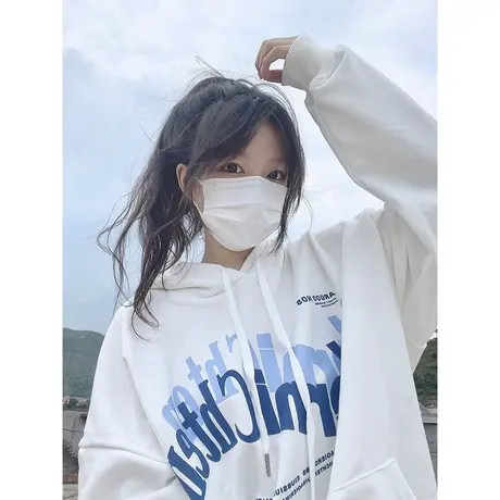白色连帽卫衣女2022新款大码韩版休闲外套ins潮牌薄款慵懒风上衣商品大图