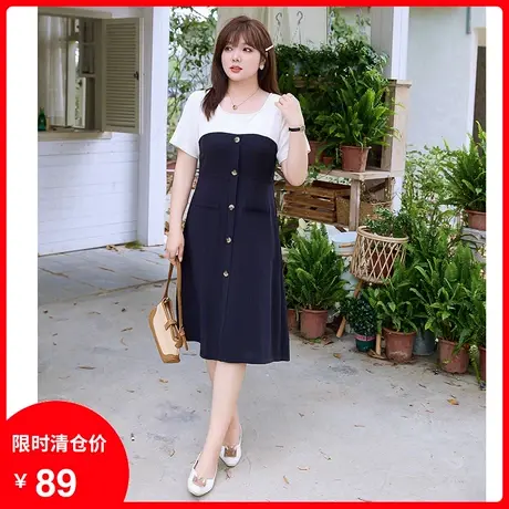 2023年夏装新款时尚显瘦短袖遮肚大码胖MM连衣裙长款假两件套装商品大图