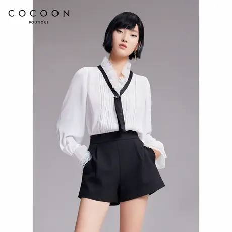 可可尼COCOON商场同款2024秋季新款宫廷风蕾丝拼接气质雪纺衫女商品大图