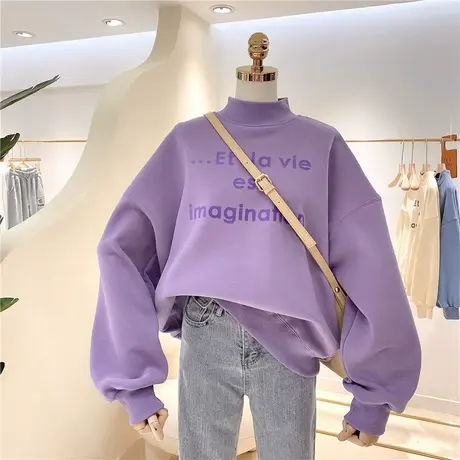 卫衣女加绒加厚2021秋冬新款宽松显瘦百搭半高领韩版套头保暖上衣图片