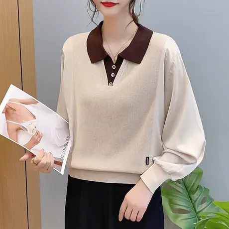 时尚Polo领拼接雪纺袖针织打底衫女上衣秋冬2023新品洋气百搭毛衣商品大图