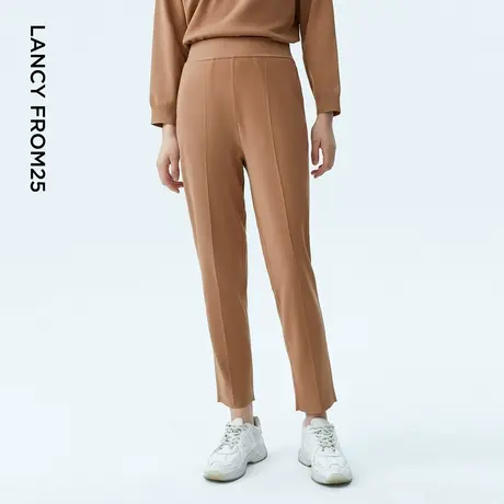 LANCY/朗姿2023秋季新款高腰休闲裤针织小脚裤子女小个子米色女款图片