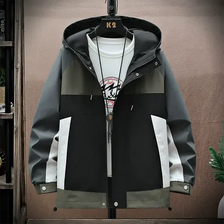 外套男春秋季潮牌宽松休闲拼色夹克男连帽秋天户外登山防风冲锋衣商品大图