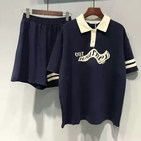 2023春夏新款宽松拼色字母短袖POLO衫+松紧腰卫裤短裤休闲套装女商品大图