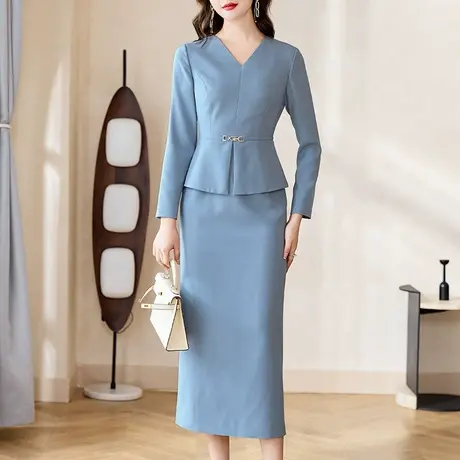 过膝连衣裙女2023秋季新款气质端庄遮肚子显瘦蓝色假两件中长裙子图片