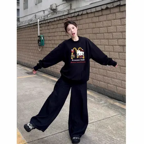 黑色圆领卫衣女2025新款早秋款韩系穿搭爆款薄款潮牌巨好看长袖衫商品大图
