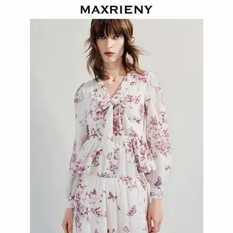【奥莱】MAXRIENY浪漫穿搭v领衬衫女蝴蝶结系带收腰显瘦上衣商品大图