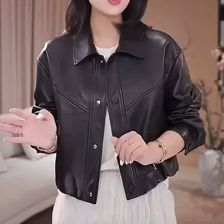 短款翻领皮衣外套女士春秋季2025新款爆款小个子休闲时尚pu皮夹克商品大图