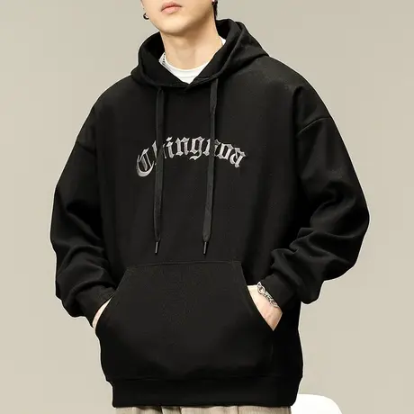 男士黑色连帽卫衣男春秋潮牌2023年新款美式刺绣上衣休闲百搭外套商品大图