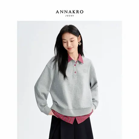 玖姿安娜蔻MIU系学院风格纹拼接翻领假两件卫衣女2026春季新款图片