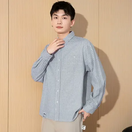 唐狮春季新款长袖衬衫男日系港风宽松衬衣青少年条纹衬衫外套TM图片
