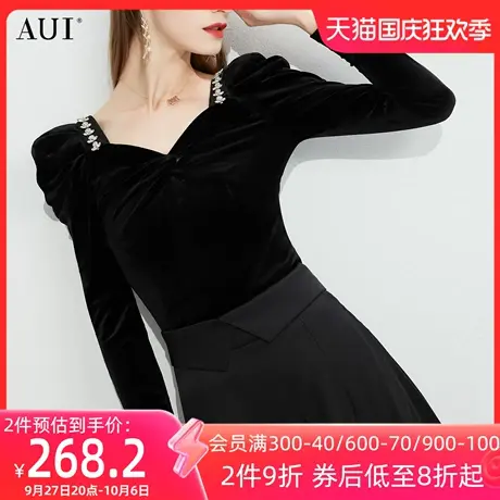 AUI法式气质V领泡泡袖针织衫女2023秋冬新款复古黑色打底丝绒上衣图片