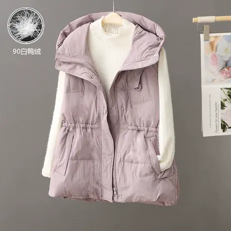 秋冬新款中长款羽绒马甲女2023年韩版白鸭绒宽松连帽外套坎肩马夹图片