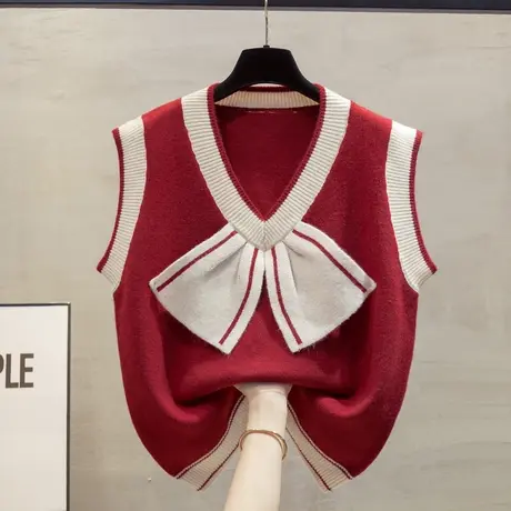 v领针织马甲背心女2023秋装新款宽松外穿马夹叠穿蝴蝶结毛衣坎肩图片