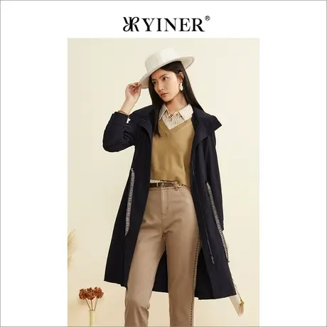 YINER音儿专柜女装2022秋季新中长款收腰黑色连帽风衣外套商品大图