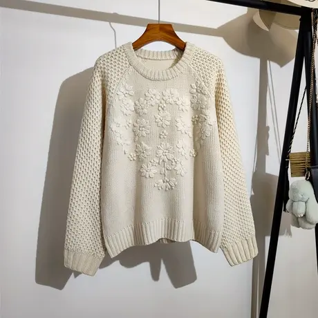 重工钩花毛衣女套头秋冬2023新款宽松圆领设计感小众长袖针织上衣商品大图