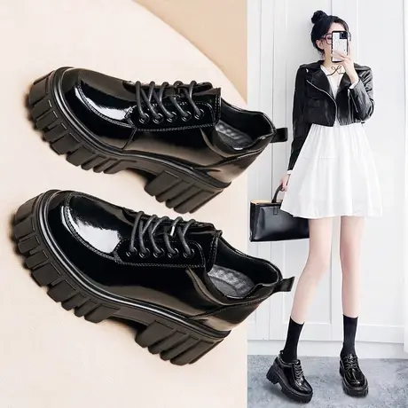 英伦风小皮鞋女2023新款秋冬季松糕厚底内增高乐福鞋系带高跟单鞋商品大图