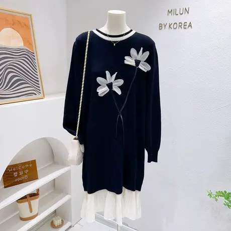 微胖显瘦2023秋冬款连衣裙花朵针织衫拼接荷叶裙子中长款打底毛衣商品大图