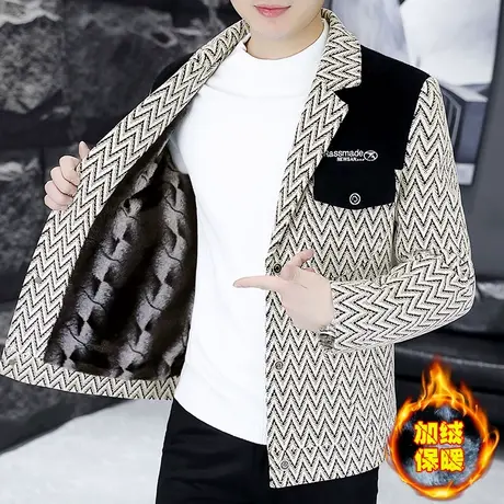 波浪纹提花呢子夹克外套男士潮牌拼接冬季加绒加厚痞帅西装领风衣图片