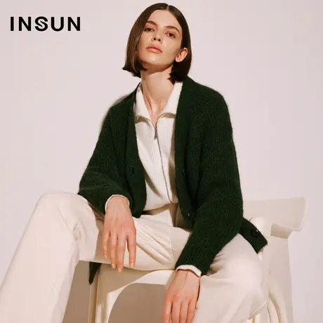 【官方直播】恩裳COVER高级定制绿大廓形落肩针织衫羊毛混纺开衫商品大图