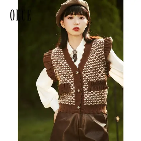 【买1送1】Oece复古针织衫背心2022秋冬新款V领毛衣开衫马甲上衣商品大图