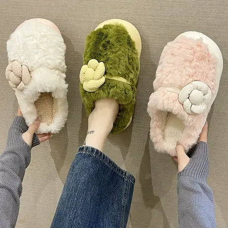 可爱花朵棉拖鞋女冬季2023新款室内家居包头毛绒防滑保暖厚底拖鞋商品大图