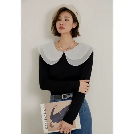 弥古撞色翻领针织衫t恤女长袖2023新款秋冬打底衫上衣小众设计感图片