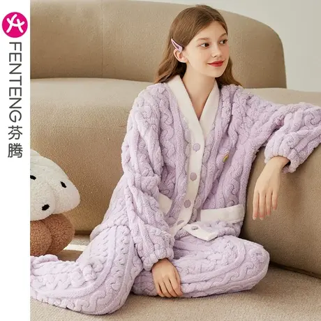 芬腾珊瑚绒睡衣女秋冬季新款保暖套装加绒加厚法兰绒加大码家居服图片