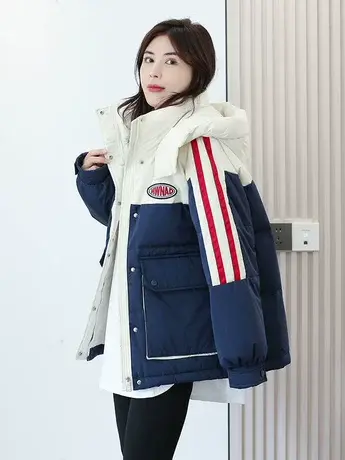 撞色拼接工装羽绒服女2023冬新款设计感短款连帽加厚白鸭绒面包服商品大图