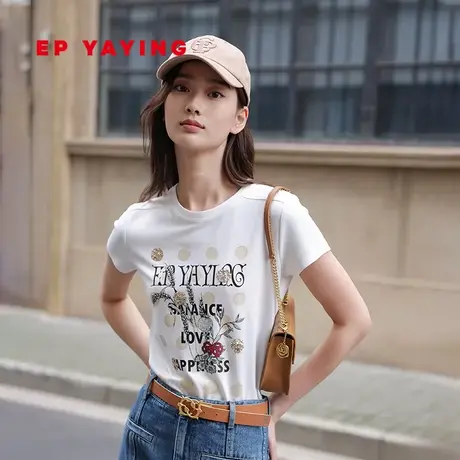 EP YAYING雅莹女装 白色印花短袖t恤上衣女 春装商场同款5305A图片