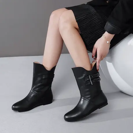 真皮平跟短靴2023新款女式靴子平底头层牛皮秋冬休闲小圆头中筒靴商品大图
