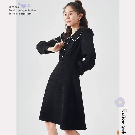 唐狮肌理面料小黑裙春秋季新款女装黑色连衣裙长袖收腰显瘦裙子图片