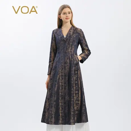VOA色织提花真丝金色水杉印花丝绸V领单排扣裙摆型长袖桑蚕丝外套商品大图