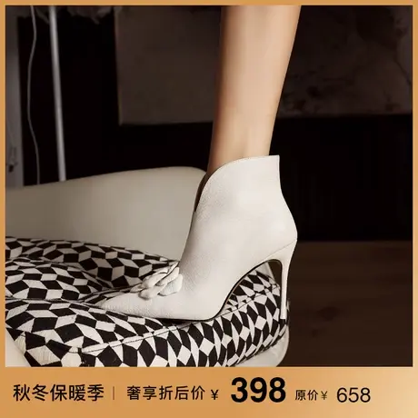 熙漫2023秋冬新款尖头细跟加绒及踝靴优雅花朵时尚设计感高跟短靴图片